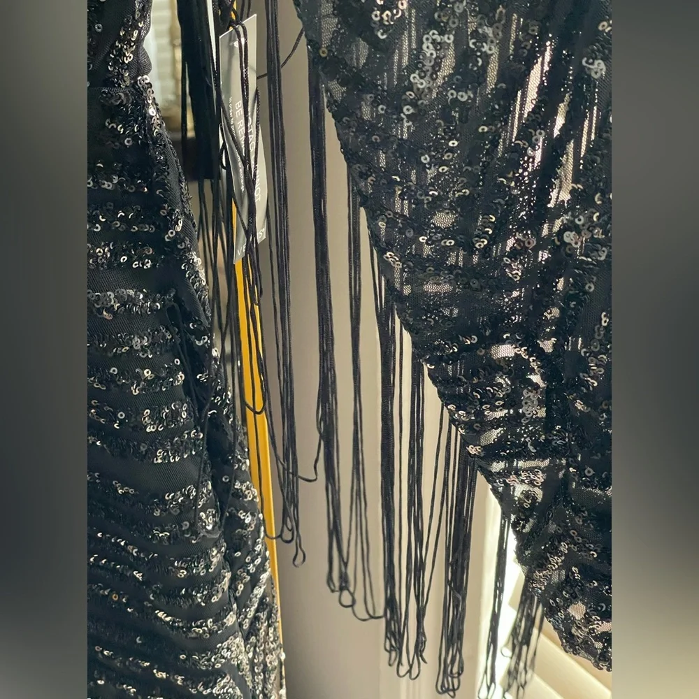 Venus NWT Black Sequin Bell Sleeve Fringe V-Neck Mini Dress - Picture 4 of 15